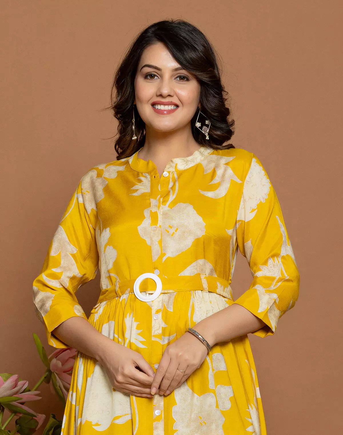 Image of Beautifully Floral Print Fully Flared Rayon Kurti with Belt - South India Shopping Mall