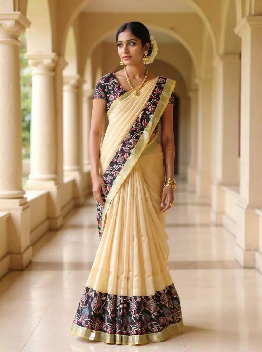 Image of Beige and Brown Plain Mangalagiri Silk Saree with Kalamkari Border - South India Shopping Mall