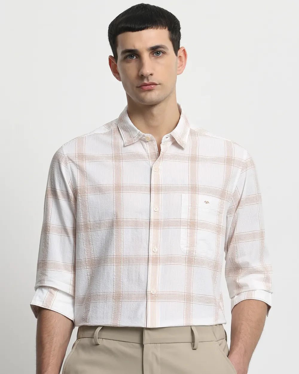 Image of Beige Checks Popcorn - Cotton Full Sleeve Slim Fit Shirt - South India Shopping Mall