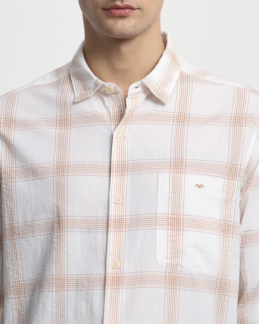 Image of Beige Checks Popcorn - Cotton Full Sleeve Slim Fit Shirt - South India Shopping Mall