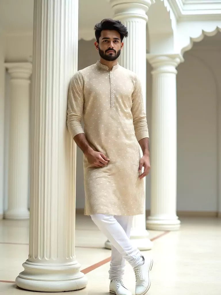 Image of Beige Color Brocade Design Jacquard Kurta Pajama - South India Shopping Mall