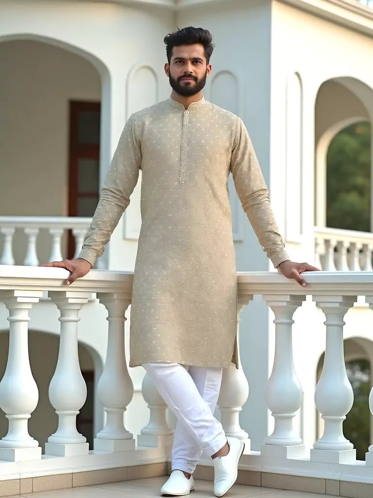 Image of Beige Color Brocade Design Jacquard Kurta Pajama - South India Shopping Mall