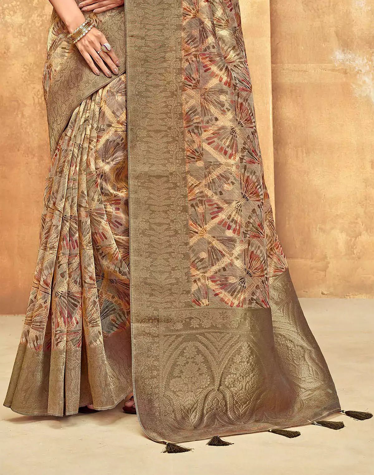 Image of Beige Graphic Design Organza Saree With Tussels - South India Shopping Mall
