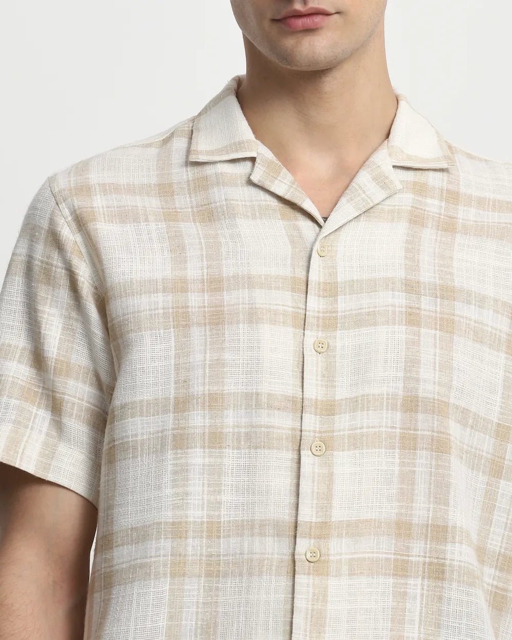 Image of Beige Linen Cotton Tartan Checks Half Sleeve Shirt - South India Shopping Mall