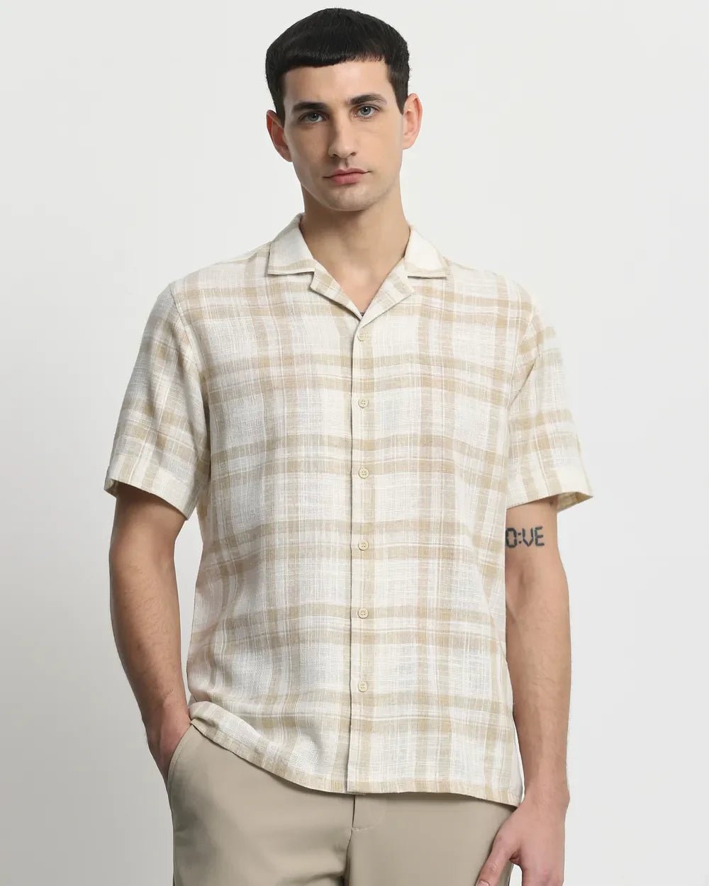 Image of Beige Linen Cotton Tartan Checks Half Sleeve Shirt - South India Shopping Mall