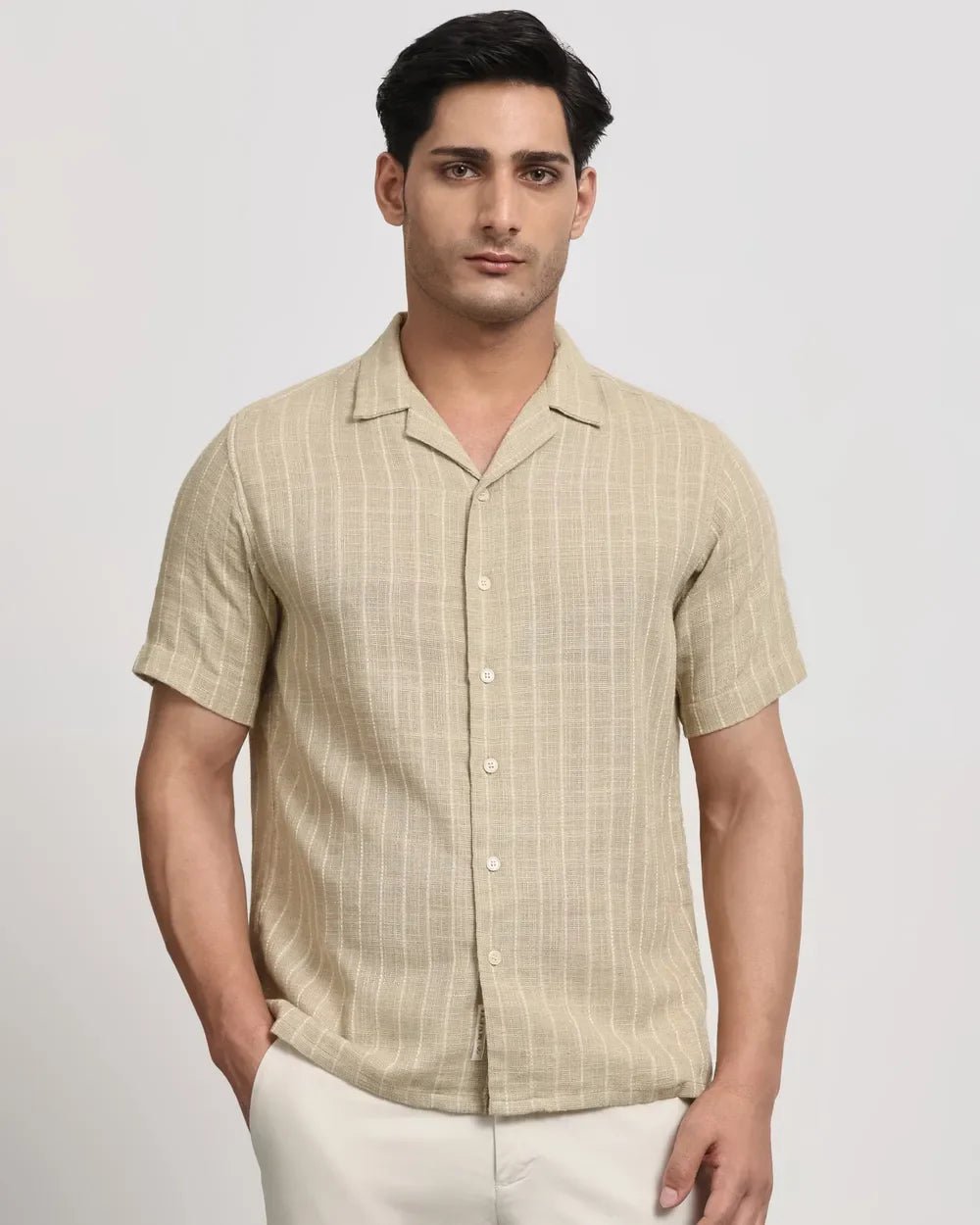 Image of Beige Linen with Jute - Cotton Half Sleeve Shirt - South India Shopping Mall