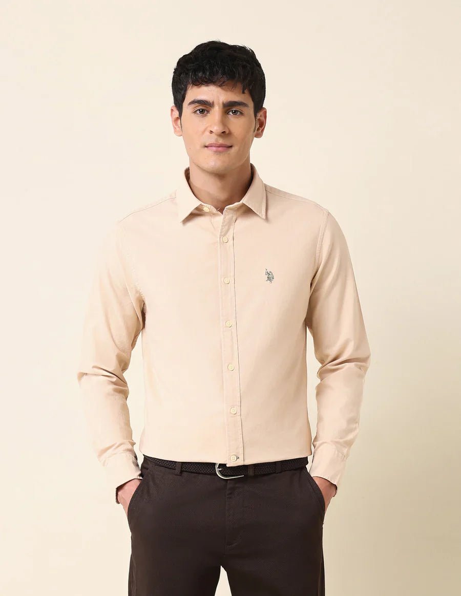 Image of Beige Plain Tailored Fit Cotton Casual Shirt - South India Shopping Mall