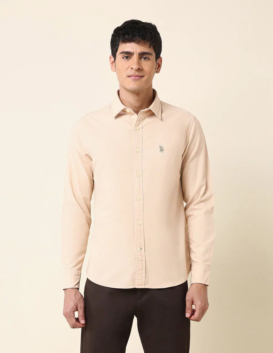 Image of Beige Plain Tailored Fit Cotton Casual Shirt - South India Shopping Mall