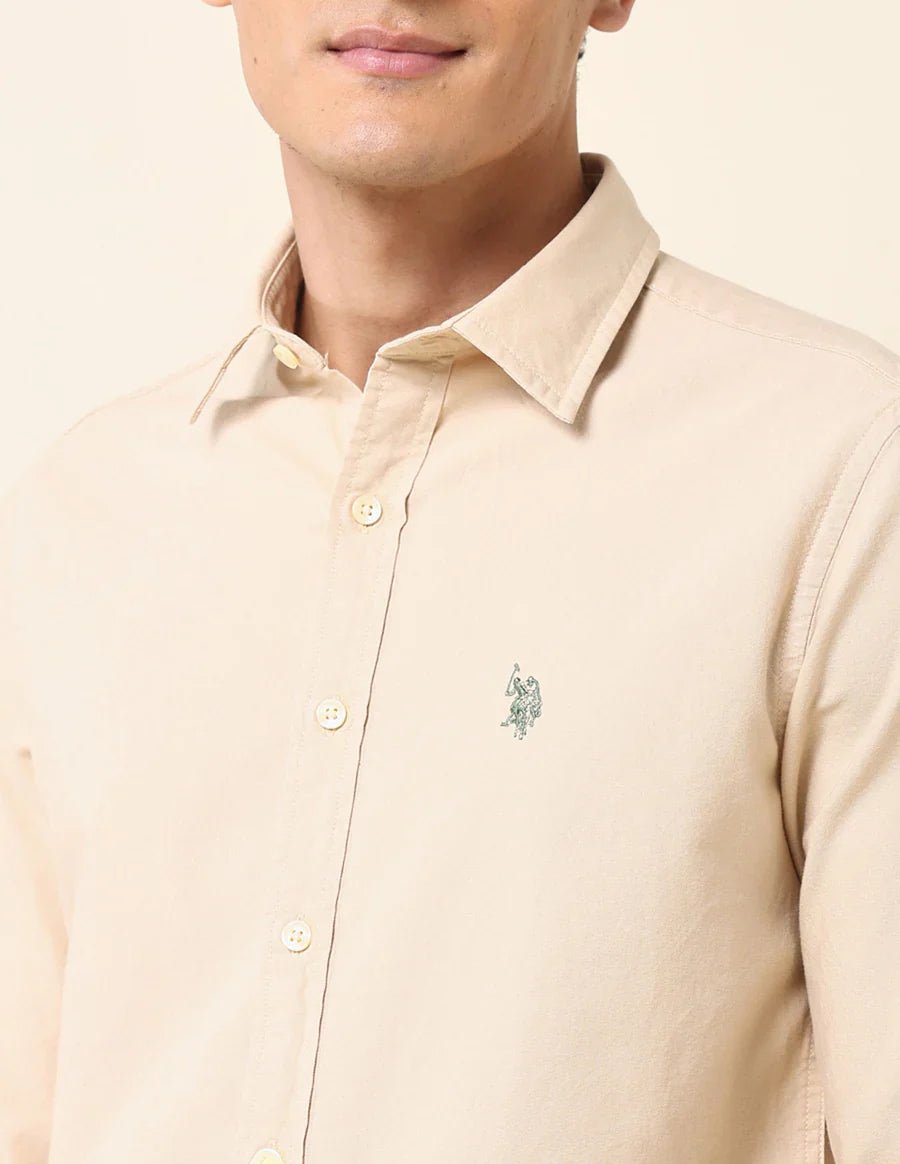 Image of Beige Plain Tailored Fit Cotton Casual Shirt - South India Shopping Mall