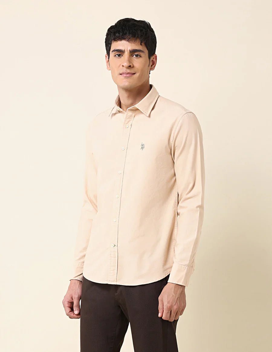 Image of Beige Plain Tailored Fit Cotton Casual Shirt - South India Shopping Mall