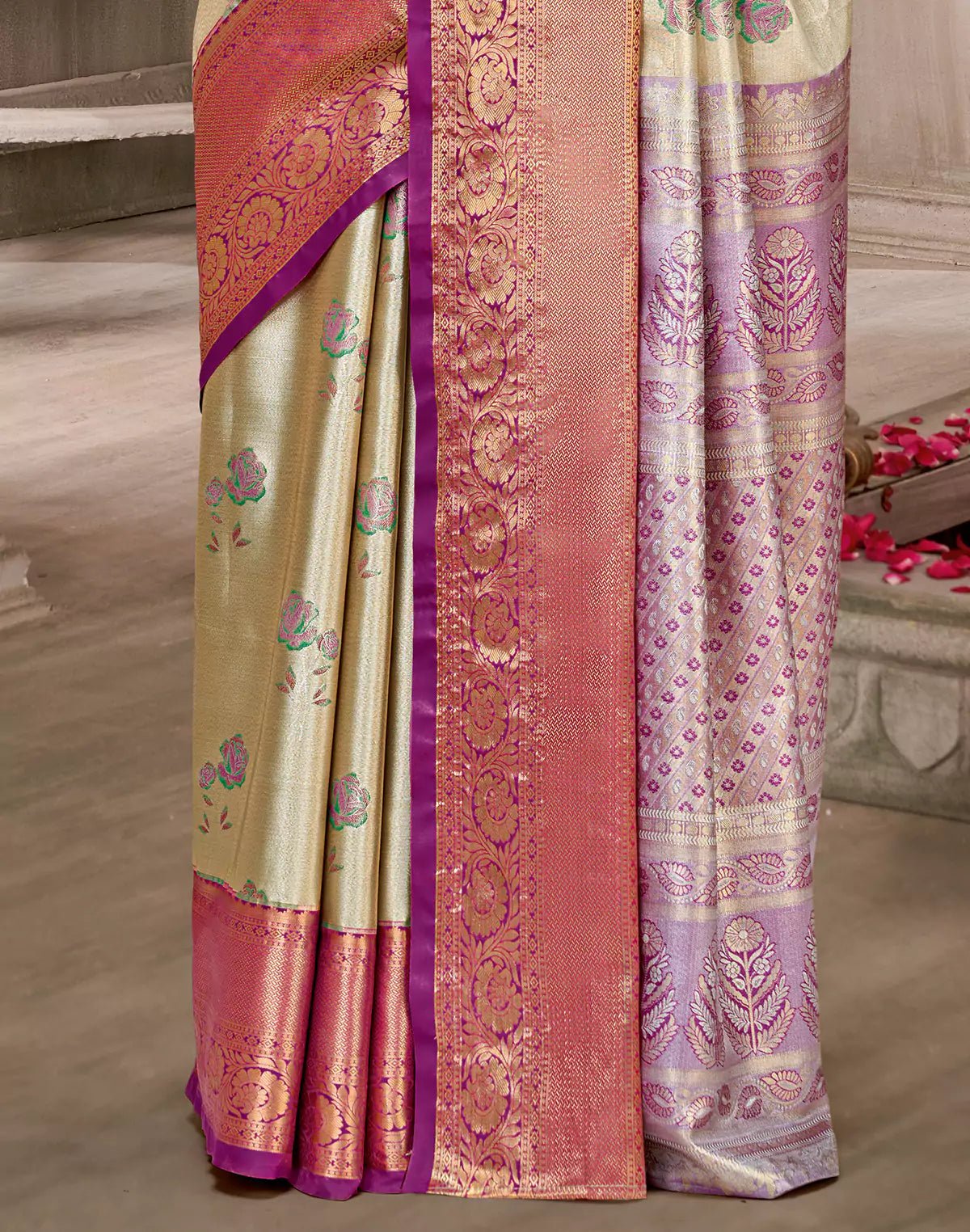 Beige Semi Silk Rose Flowers Butta Tissue Jaal Contrast Saree - South India Shopping Mall