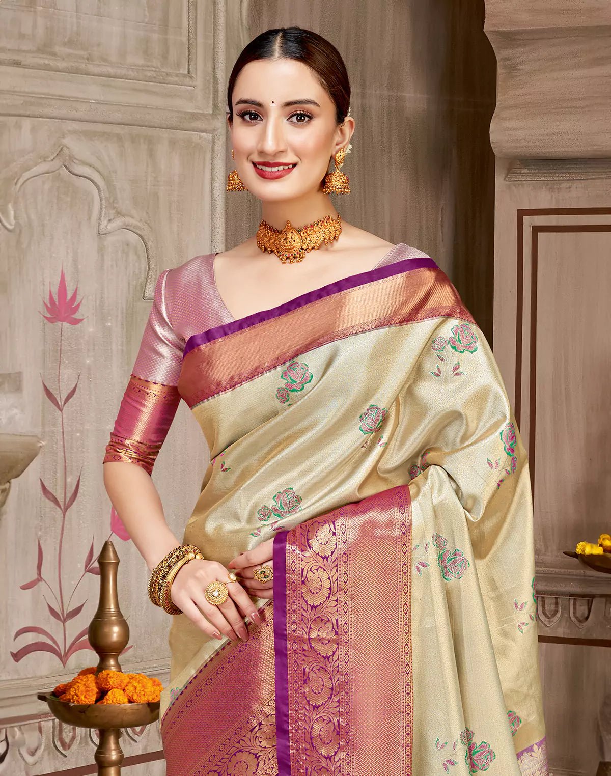 Image of Beige Semi Silk Rose Flowers Butta Tissue Jaal Contrast Saree - South India Shopping Mall