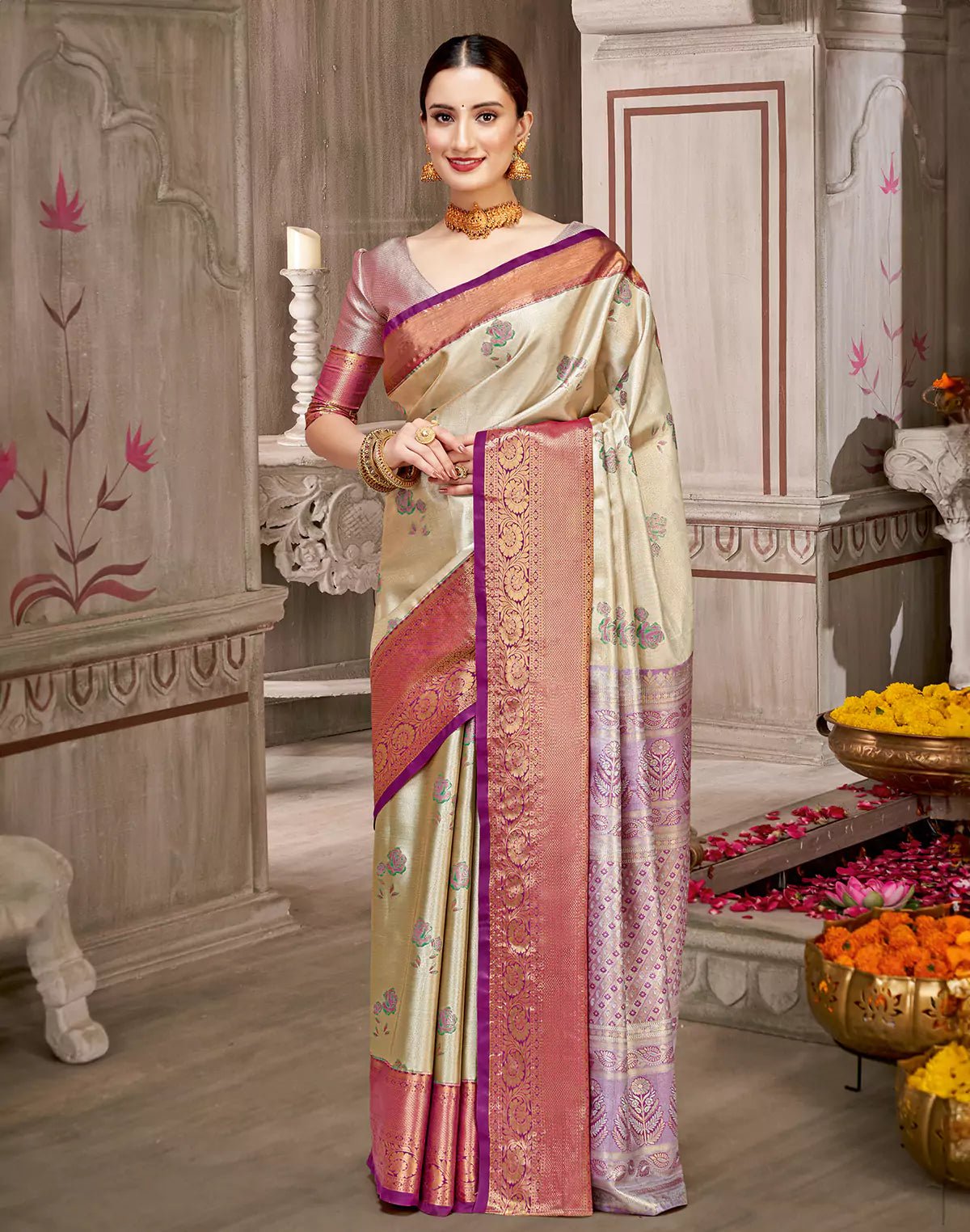 Image of Beige Semi Silk Rose Flowers Butta Tissue Jaal Contrast Saree - South India Shopping Mall
