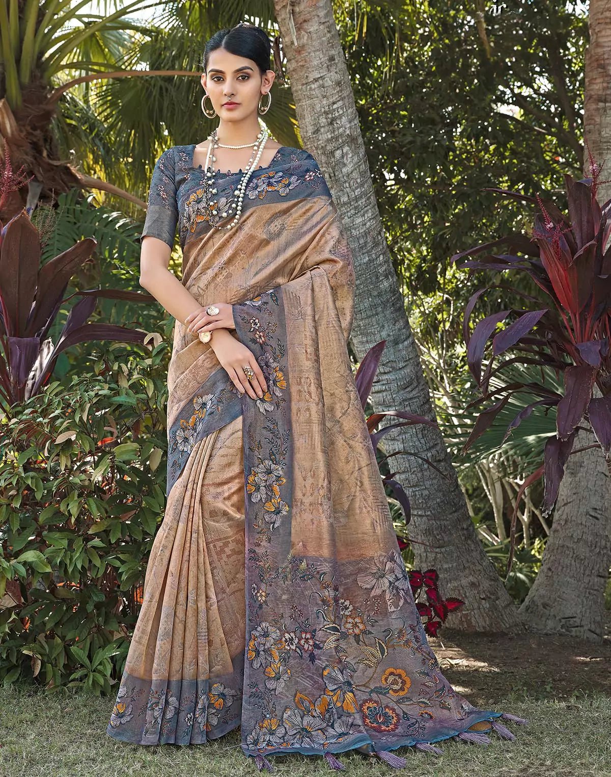 Image of Beige Tissue Fabric Party Wear Saree - South India Shopping Mall
