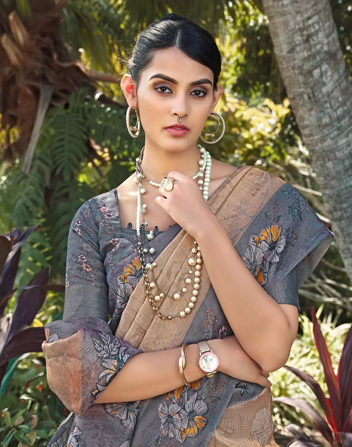 Image of Beige Tissue Fabric Party Wear Saree - South India Shopping Mall