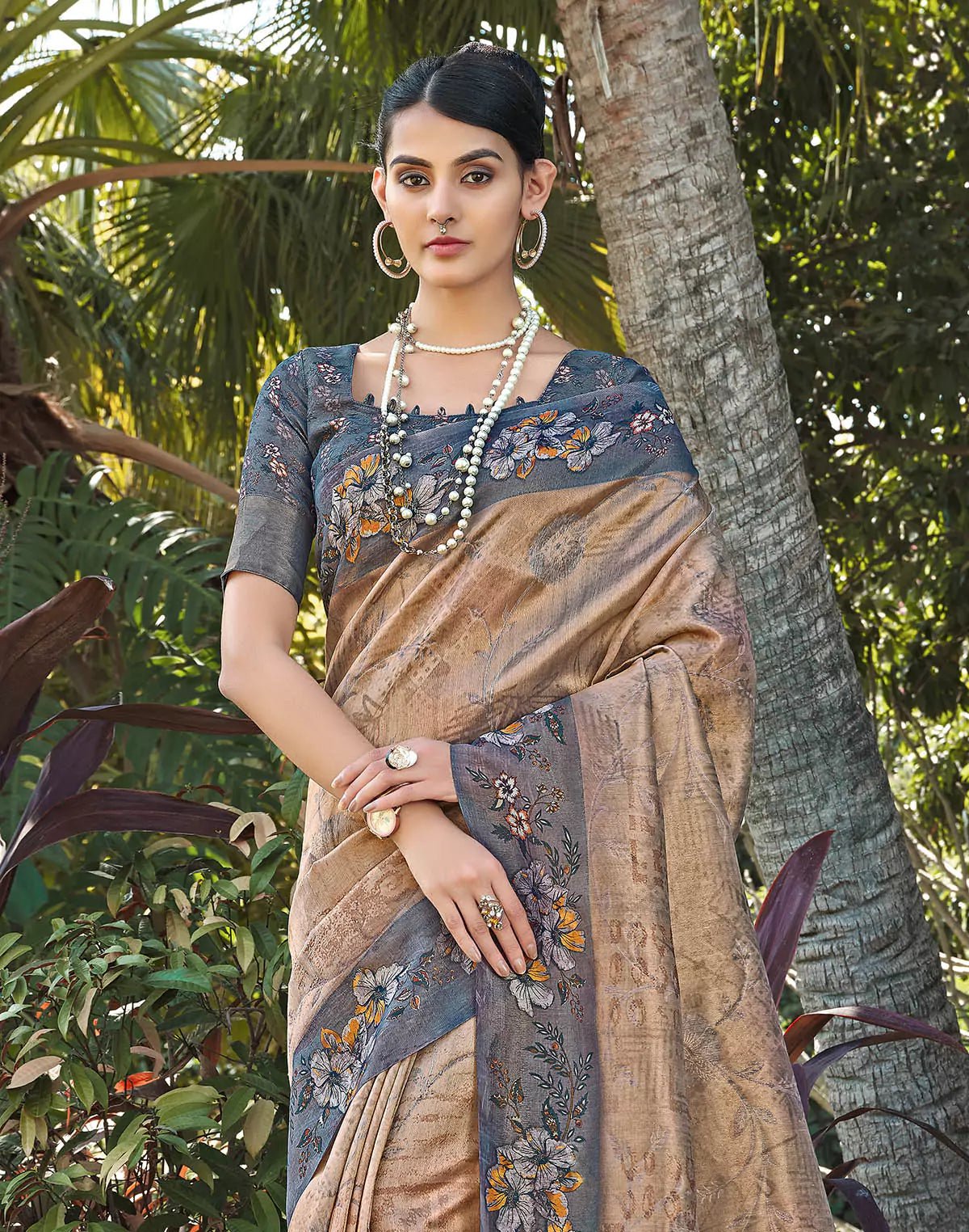 Image of Beige Tissue Fabric Party Wear Saree - South India Shopping Mall