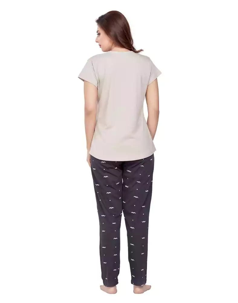 Image of Beige Typography Cotton Printed Night Wear - South India Shopping Mall