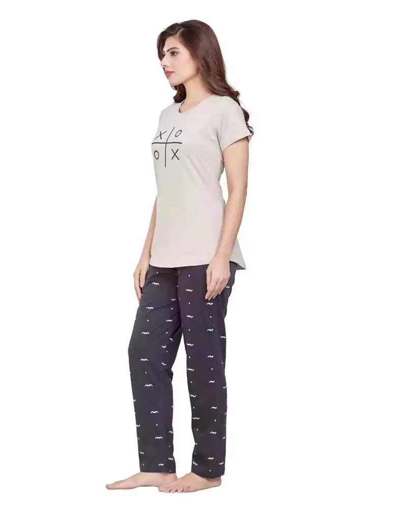 Image of Beige Typography Cotton Printed Night Wear - South India Shopping Mall