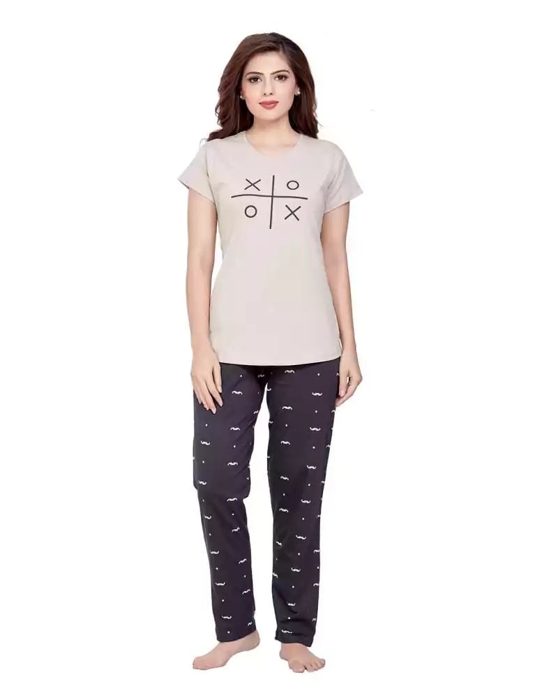Image of Beige Typography Cotton Printed Night Wear - South India Shopping Mall