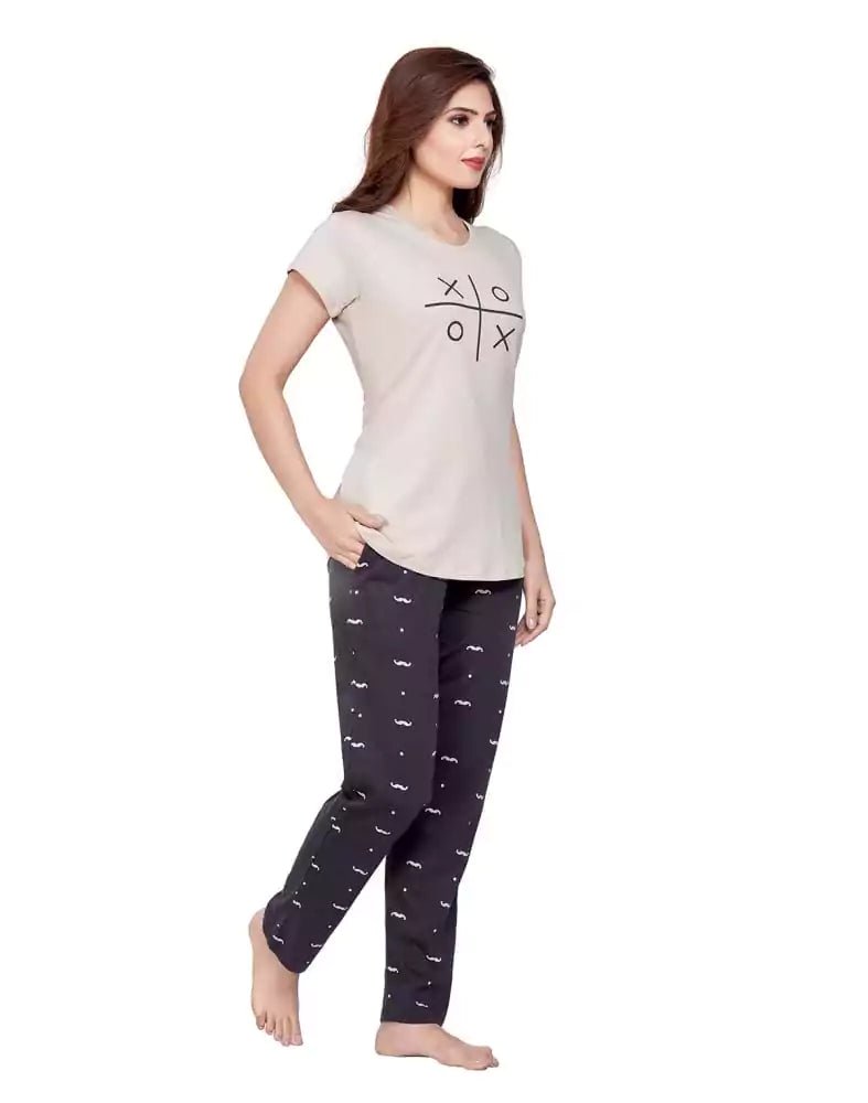 Image of Beige Typography Cotton Printed Night Wear - South India Shopping Mall