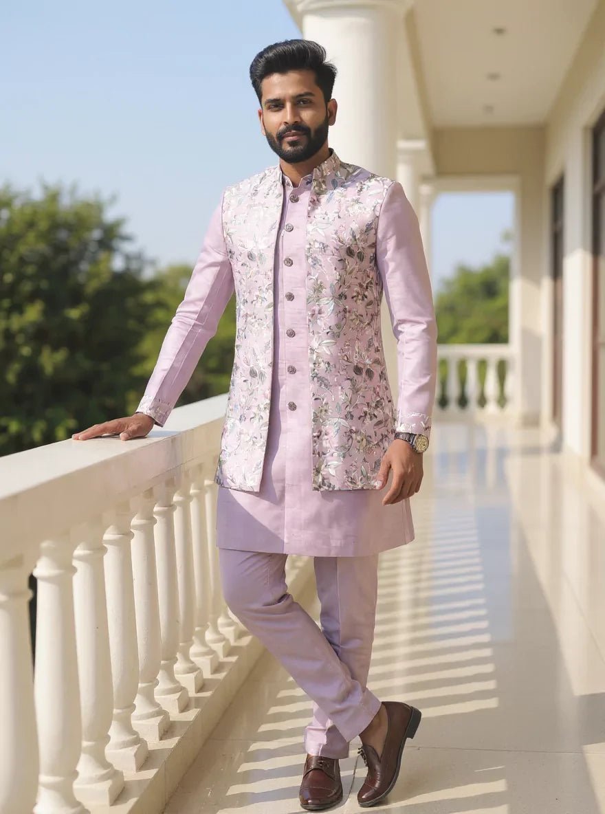 Image of Bel Buti Patterned Embroidered Raw Silk Kurta Jacket Set - South India Shopping Mall