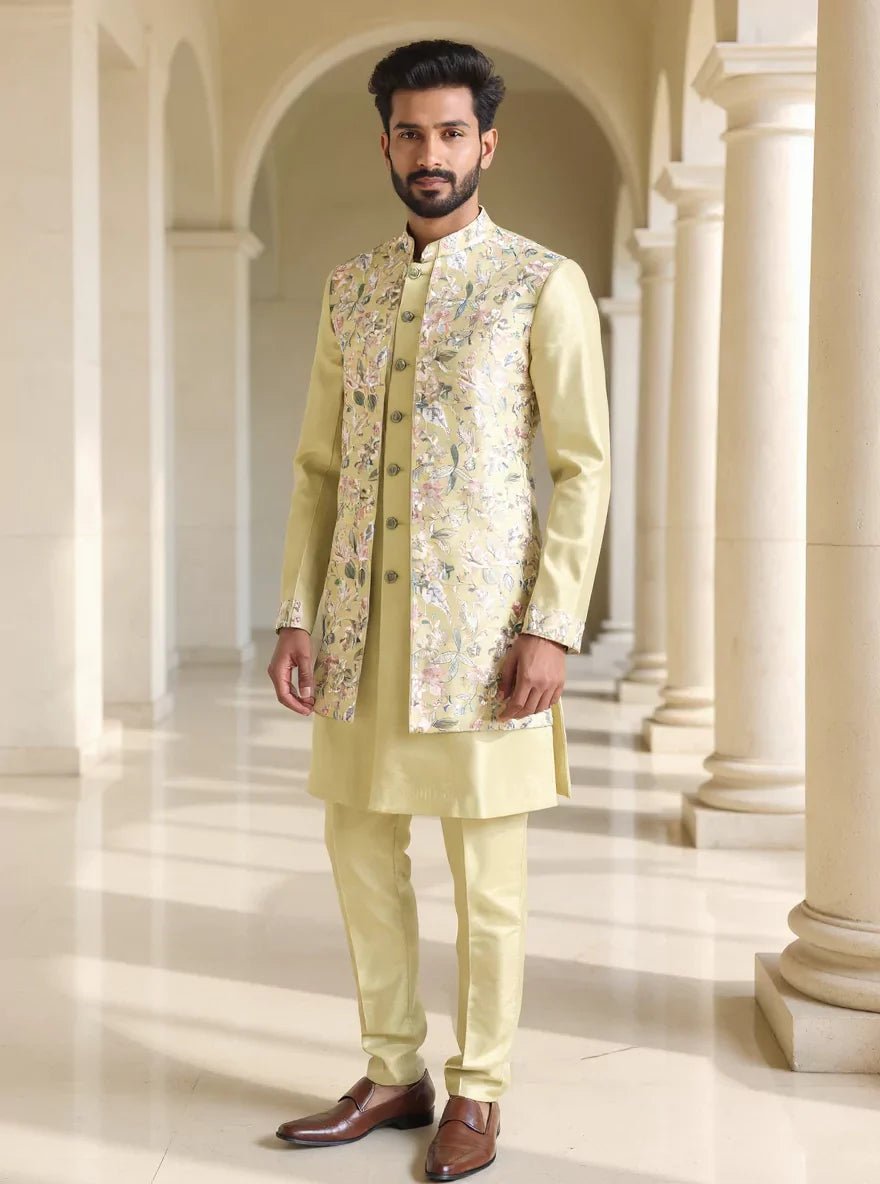 Image of Bel Buti Patterned Embroidered Raw Silk Kurta Jacket Set - South India Shopping Mall