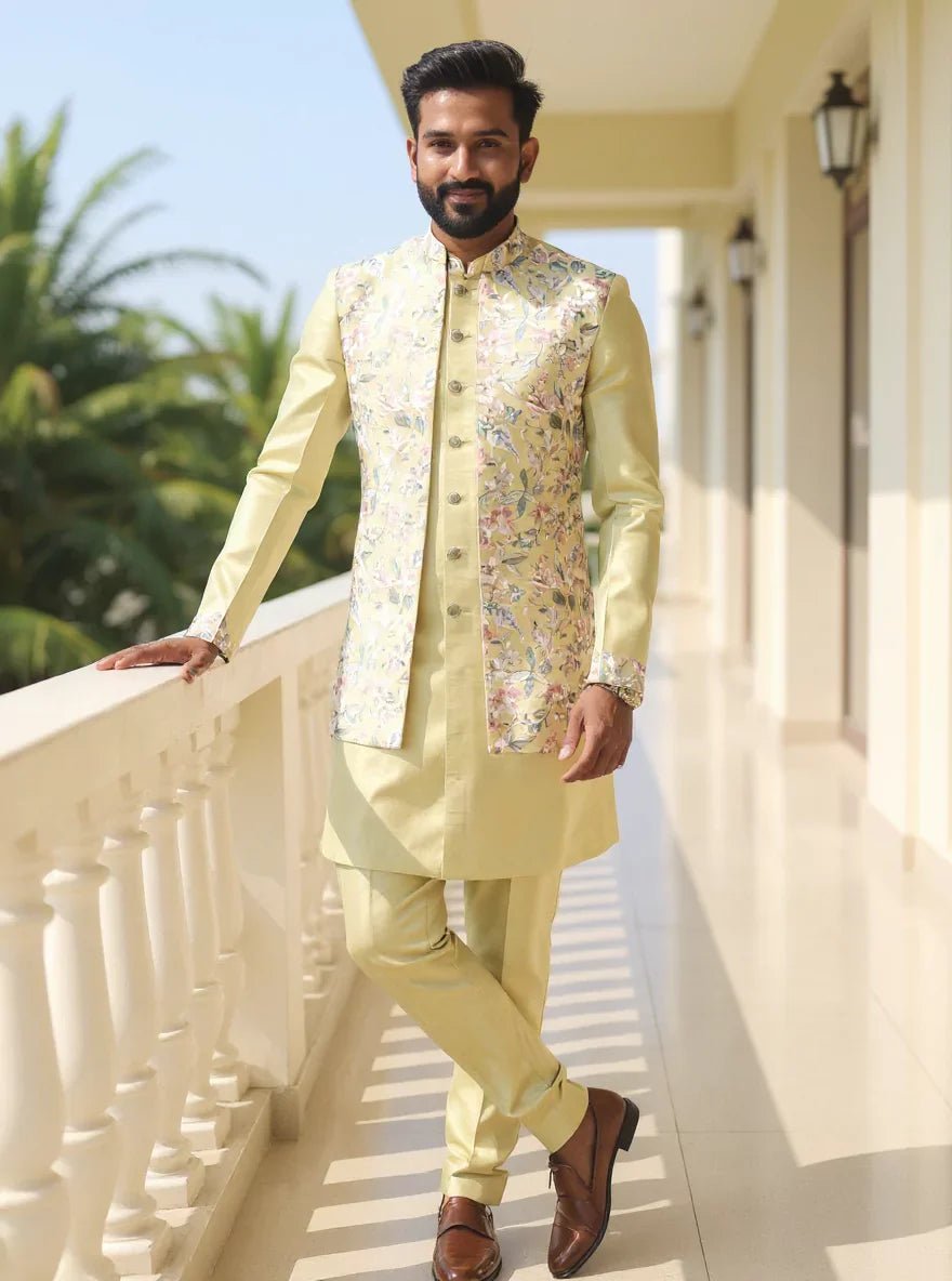 Image of Bel Buti Patterned Embroidered Raw Silk Kurta Jacket Set - South India Shopping Mall