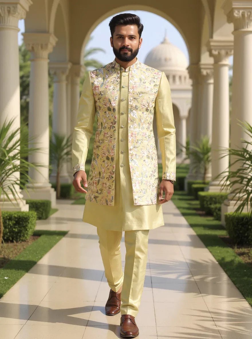 Image of Bel Buti Patterned Embroidered Raw Silk Kurta Jacket Set - South India Shopping Mall