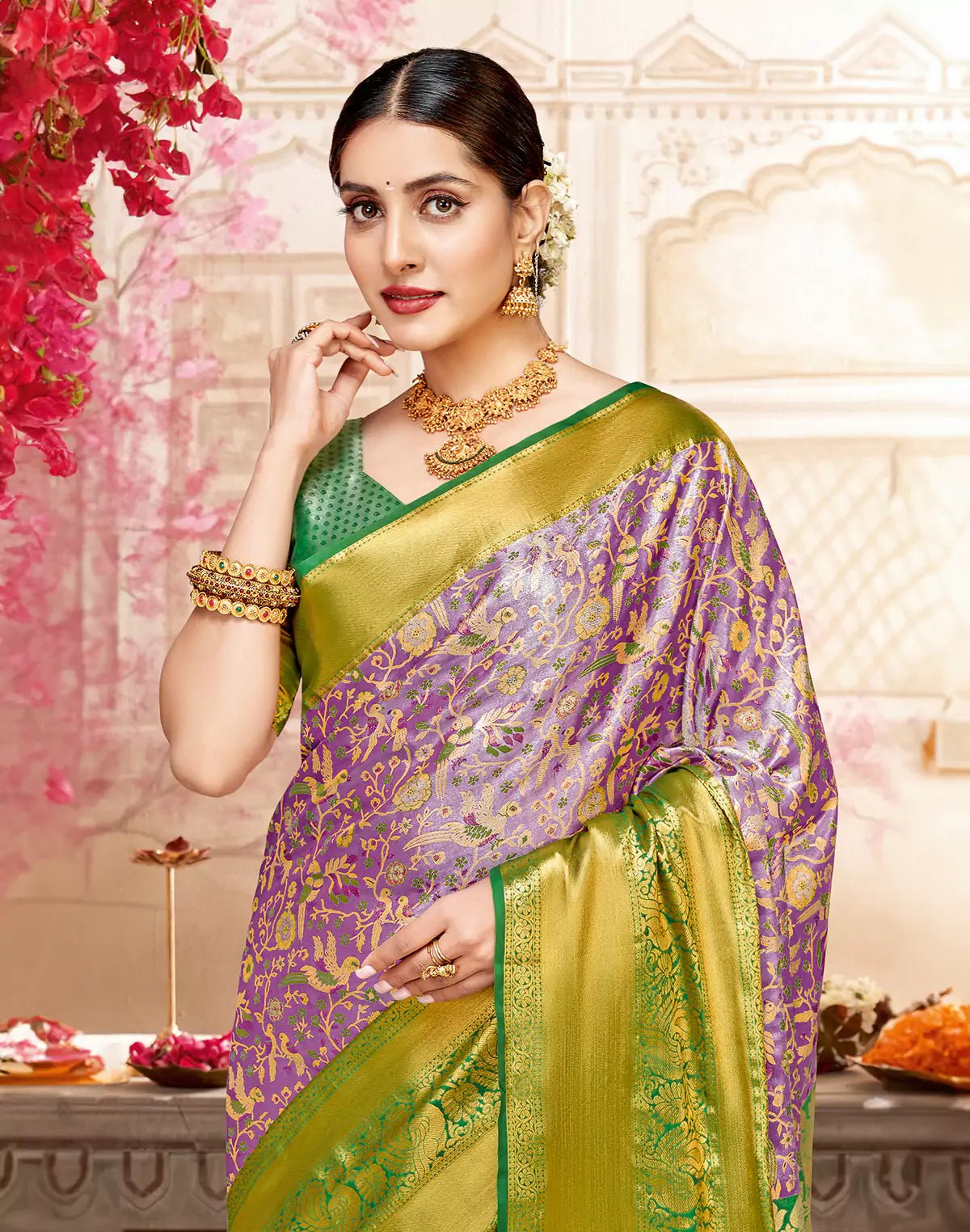 Image of Birds with Floral Tissue Jaal Violet Shaded Semi Silk Saree - South India Shopping Mall