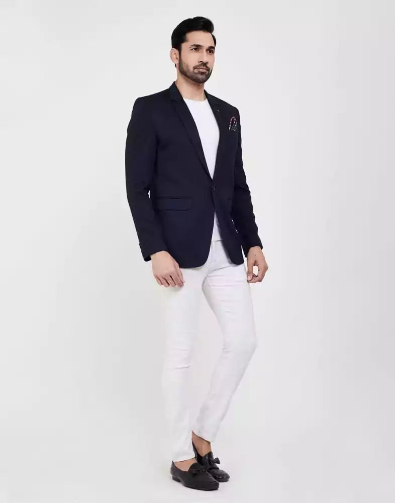 Image of Navy Blue Fashionable and Stretchable Blazer In a Classy Design