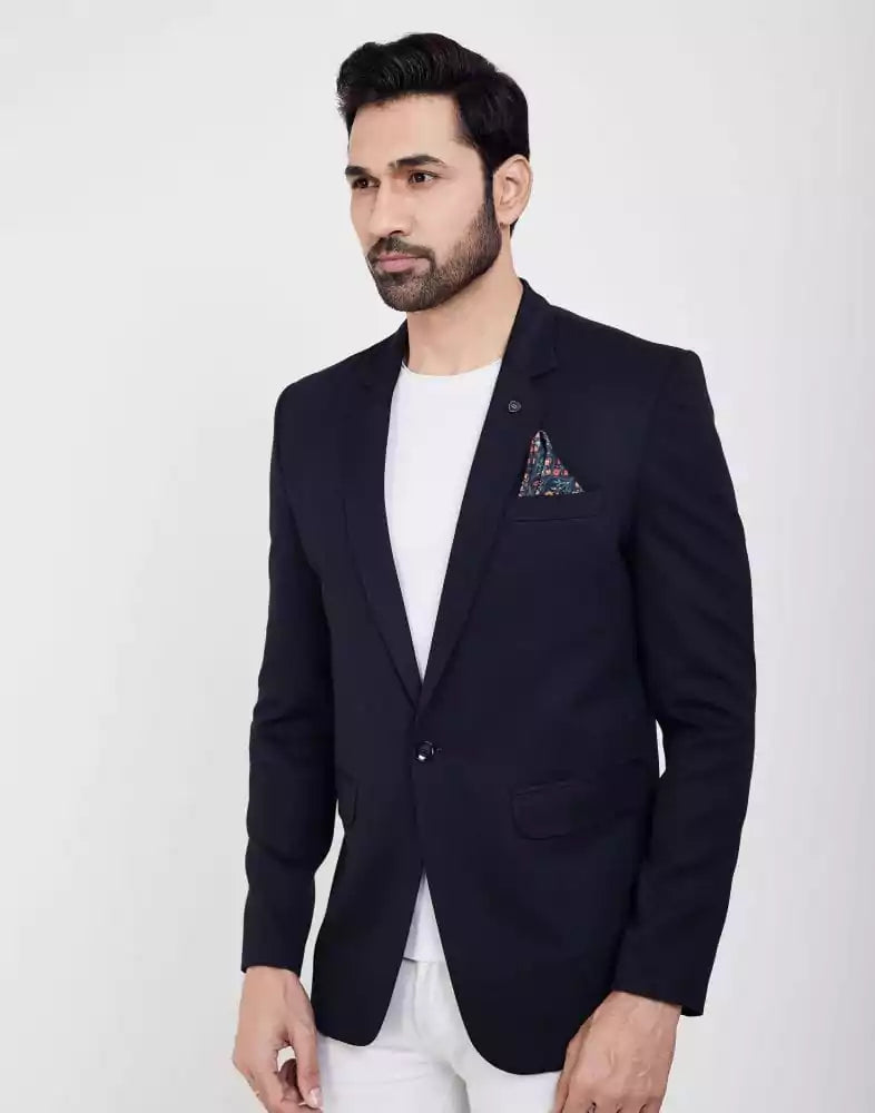 Image of Navy Blue Fashionable and Stretchable Blazer In a Classy Design
