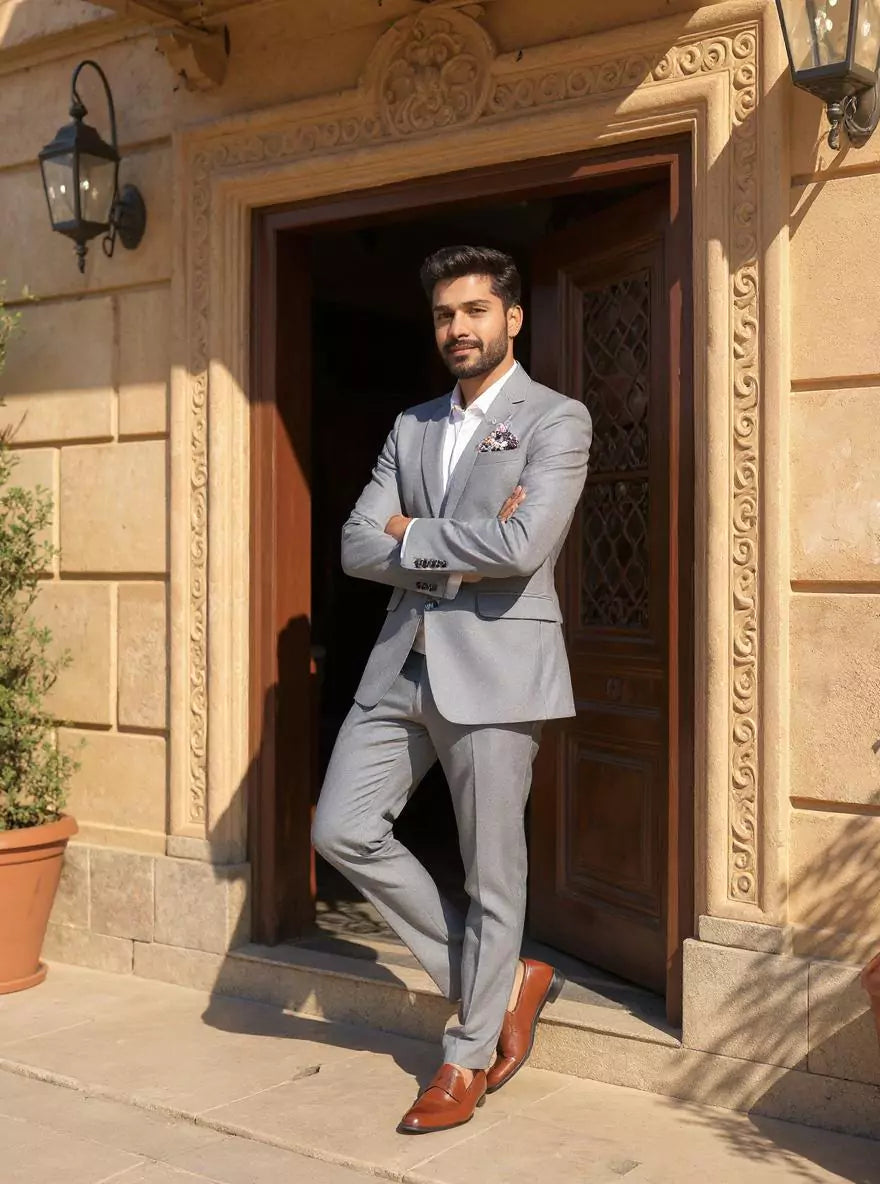 Image of Self Patterned Grey Imported Polyester Blazer