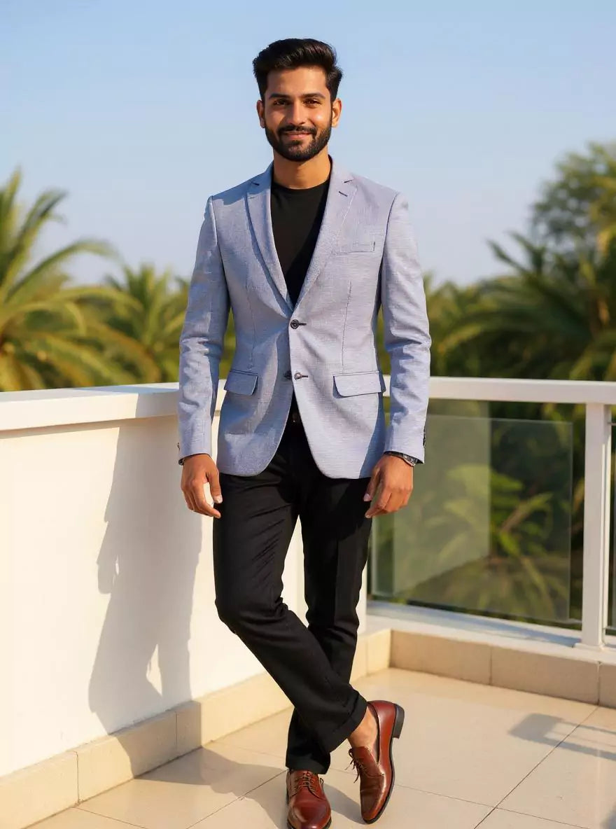 Image of Light Blue Imported Lycra Stretchable Giza Cotton Blazer