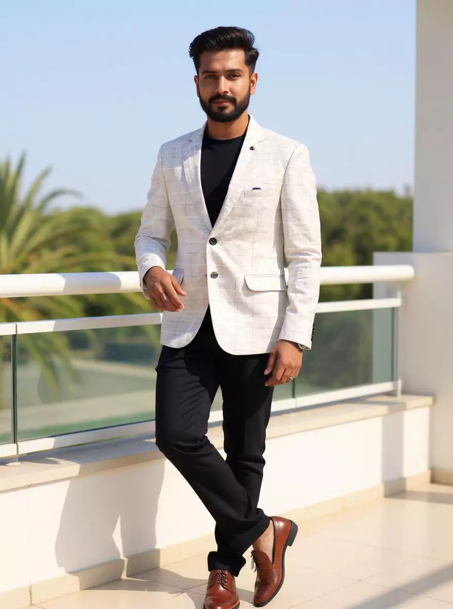 Image of Light Grey Checks Imported Lycra Stretchable Giza Cotton Blazer