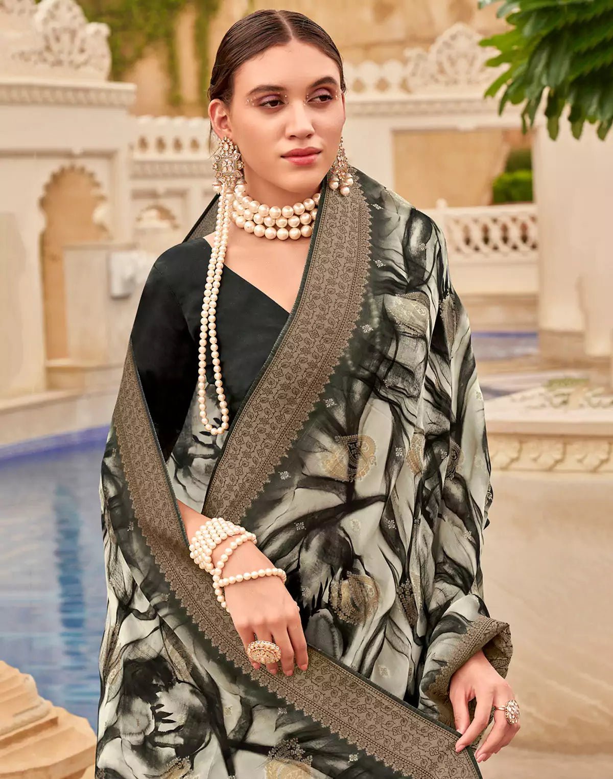 Image of Black Art Silk Graphic Print Designer Saree - South India Shopping Mall