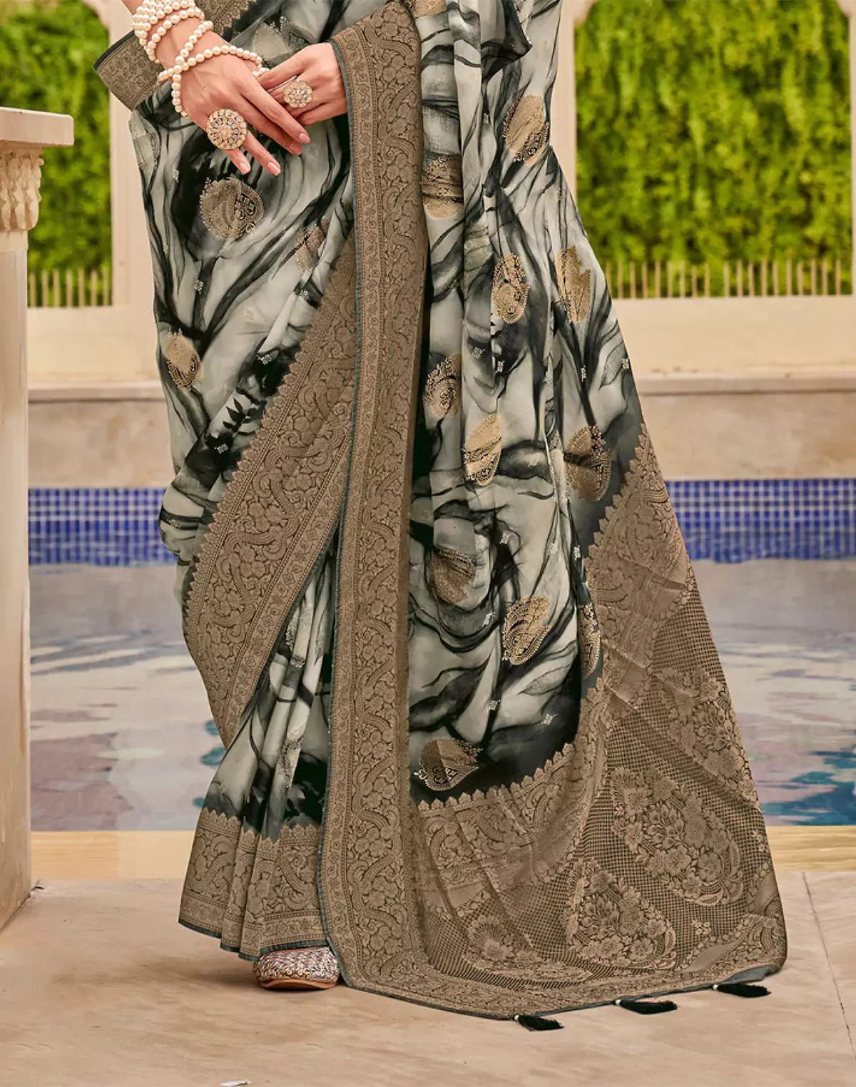 Image of Black Art Silk Graphic Print Designer Saree - South India Shopping Mall