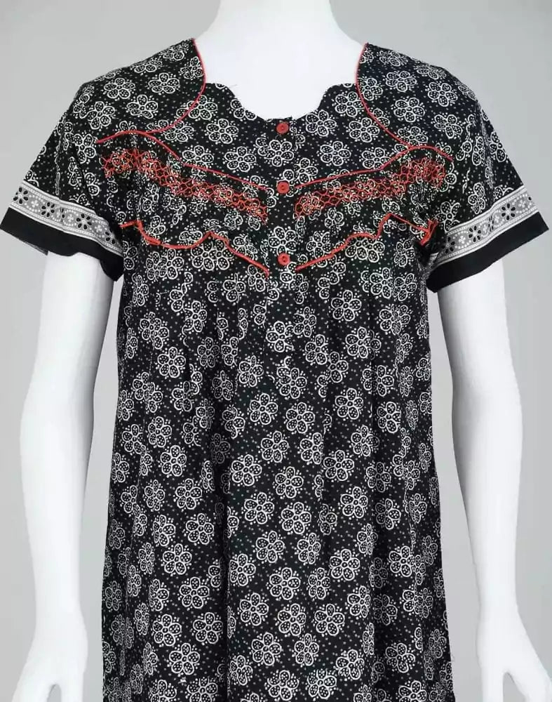 Image of Black Block Print Cotton Printed Women Nighty - South India Shopping Mall