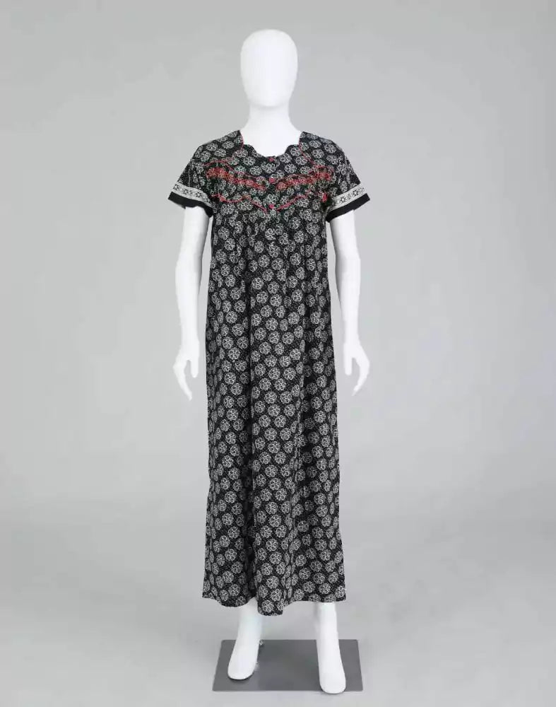 Image of Black Block Print Cotton Printed Women Nighty - South India Shopping Mall