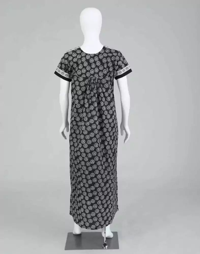 Image of Black Block Print Cotton Printed Women Nighty - South India Shopping Mall