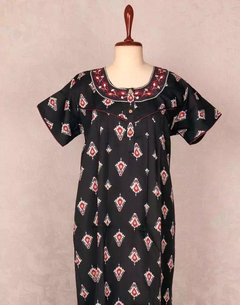 Image of Black Coloured Block Print Cotton Nighty - South India Shopping Mall