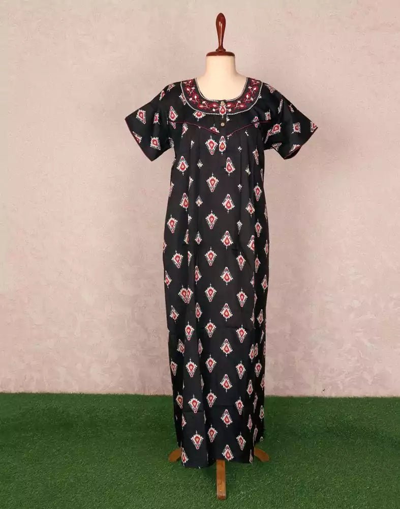 Image of Black Coloured Block Print Cotton Nighty - South India Shopping Mall