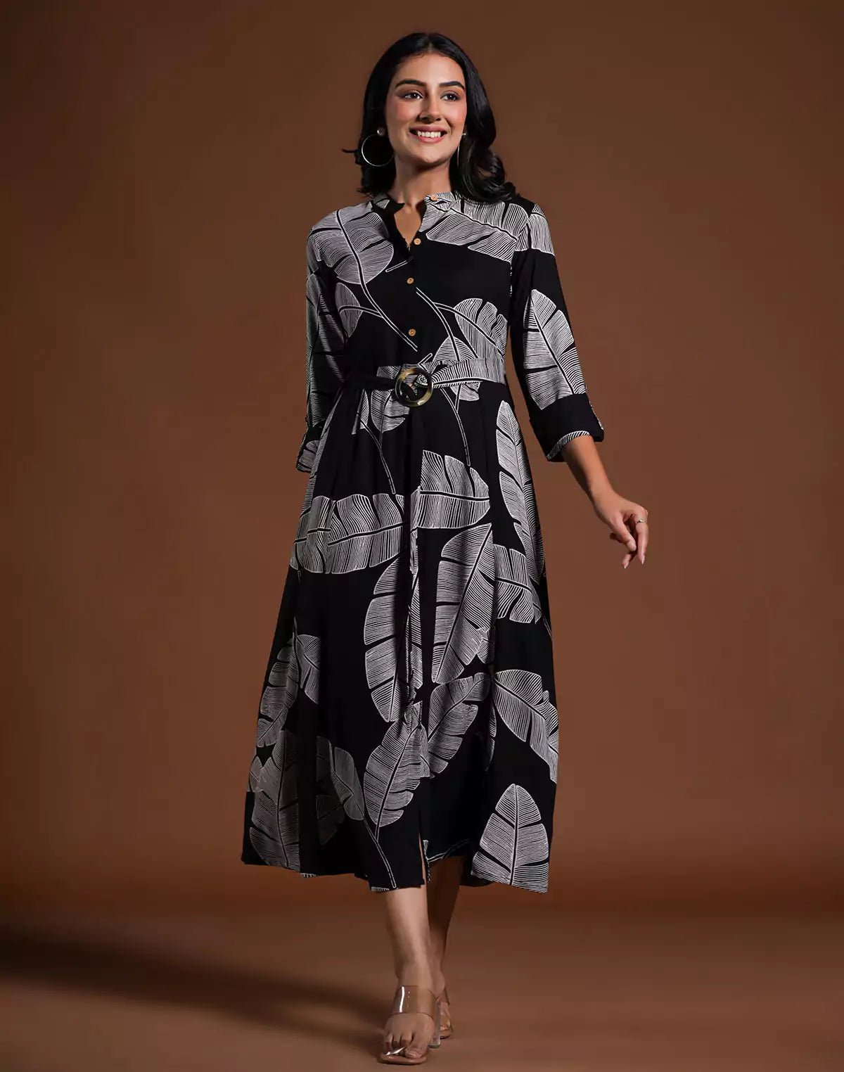 Image of Black Coloured Cotton Silk Peonies Print Kurti With Belt - South India Shopping Mall