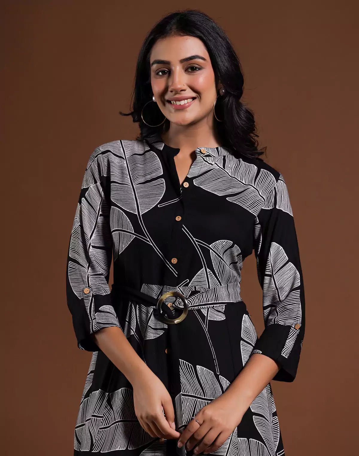 Black Coloured Cotton Silk Peonies Print Kurti With Belt - South India Shopping Mall