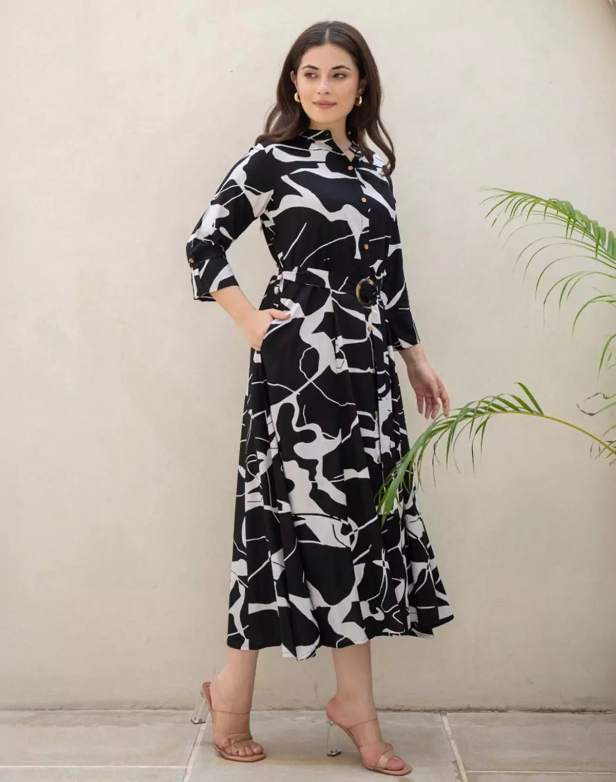 Image of Black Coloured Rayon Peonies Print Dress With Belt - South India Shopping Mall