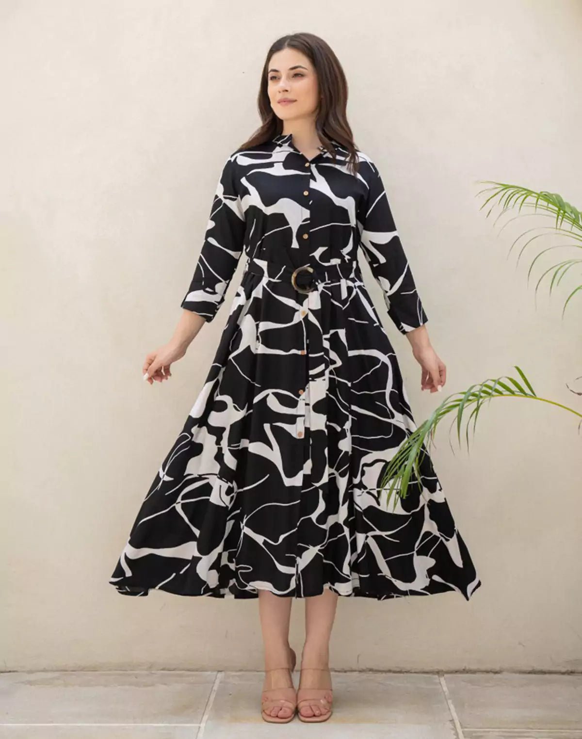 Image of Black Coloured Rayon Peonies Print Dress With Belt - South India Shopping Mall