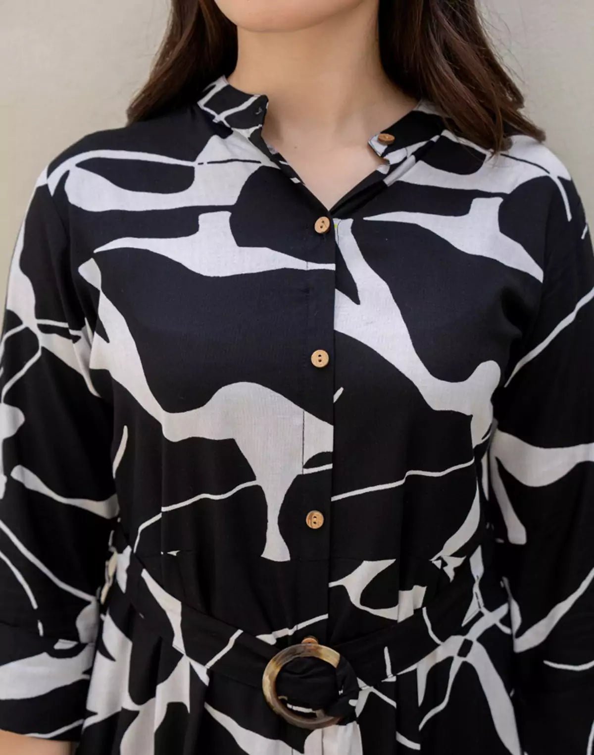 Image of Black Coloured Rayon Peonies Print Dress With Belt - South India Shopping Mall