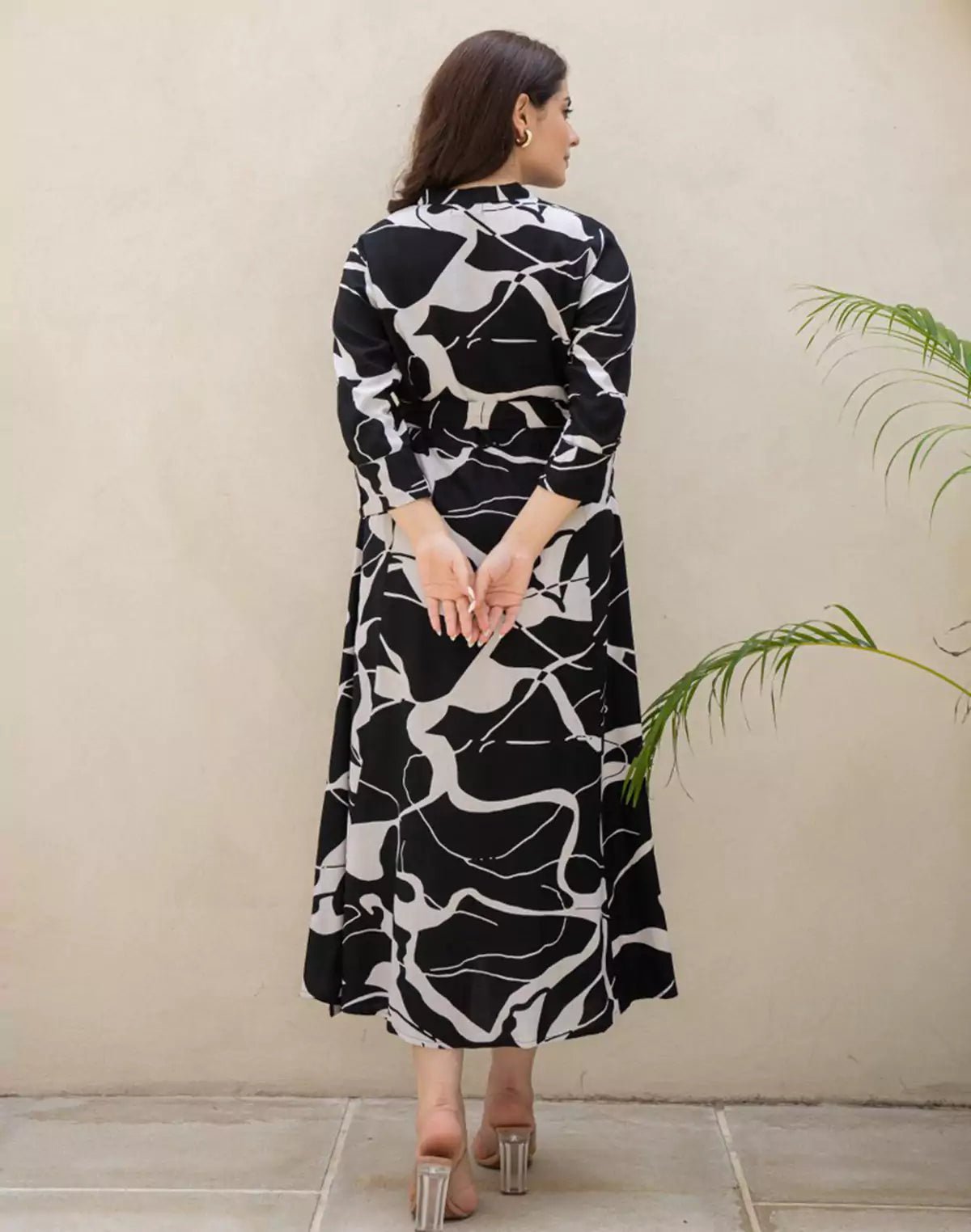 Black Coloured Rayon Peonies Print Dress With Belt - South India Shopping Mall