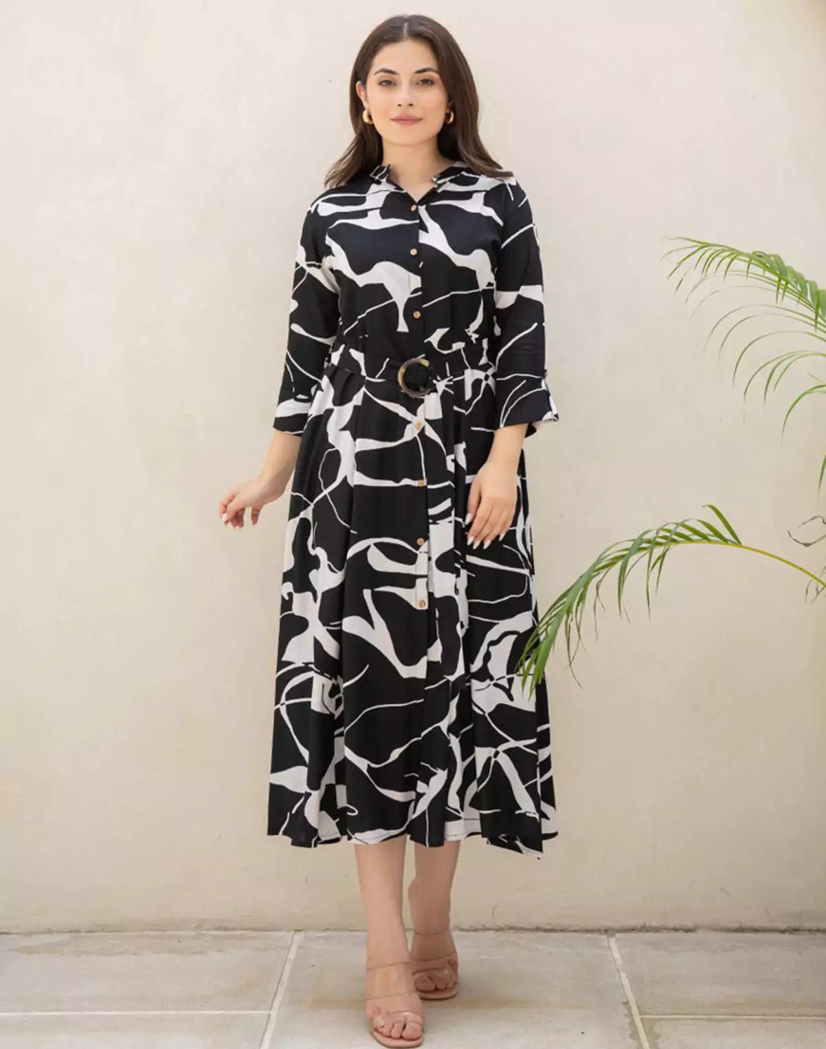 Image of Black Coloured Rayon Peonies Print Dress With Belt - South India Shopping Mall