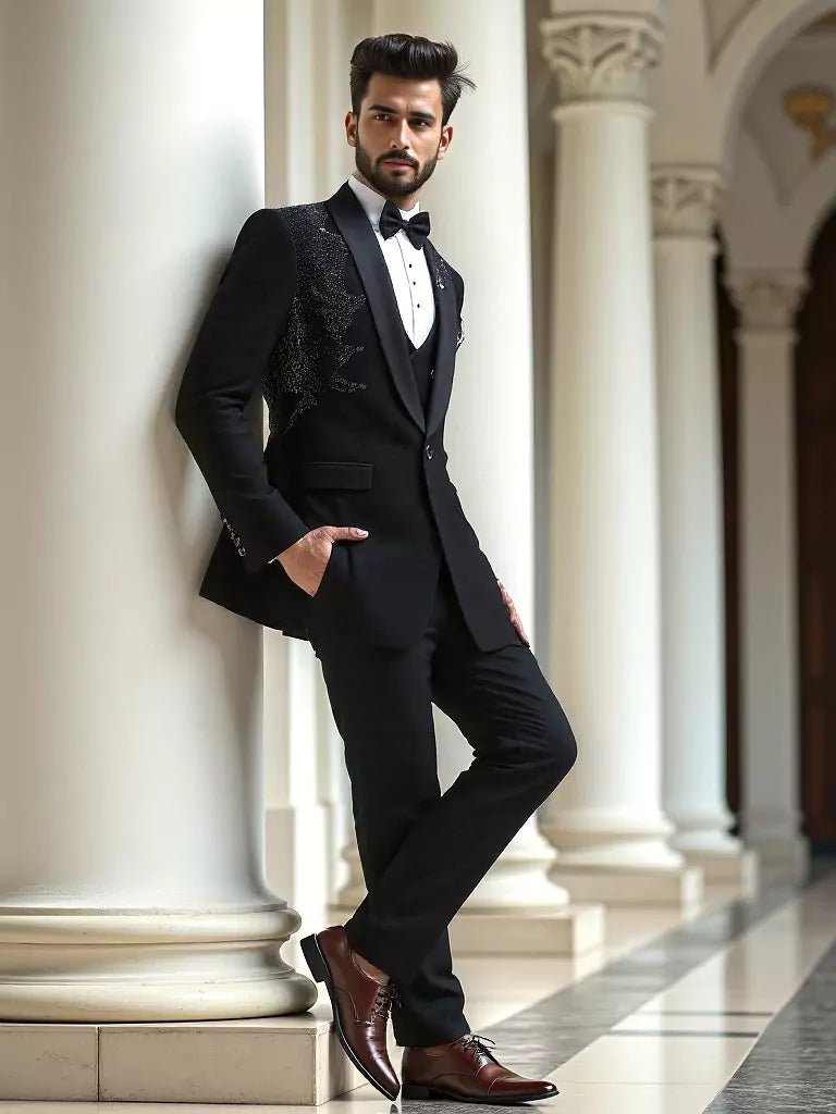 Image of Black Cutdana and Pearls work Polynosic 5 Pc Designer Suit - South India Shopping Mall