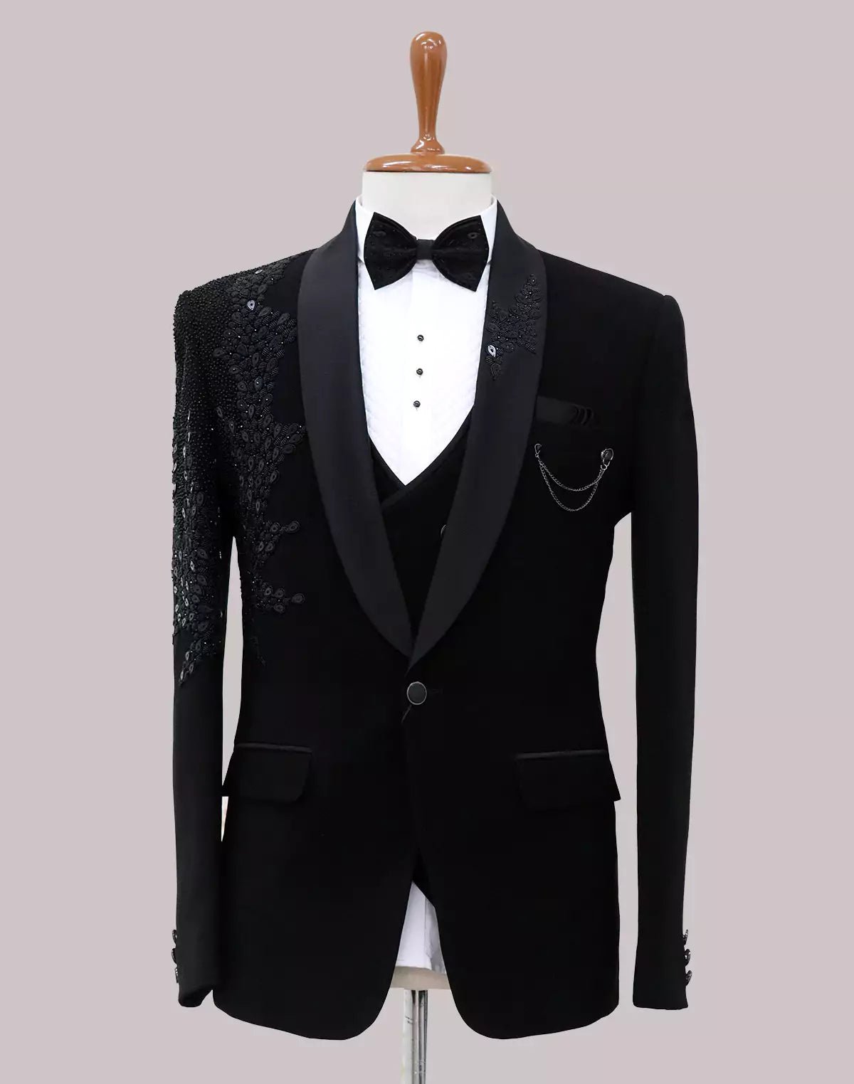 Image of Black Cutdana and Pearls work Polynosic 5 Pc Designer Suit - South India Shopping Mall